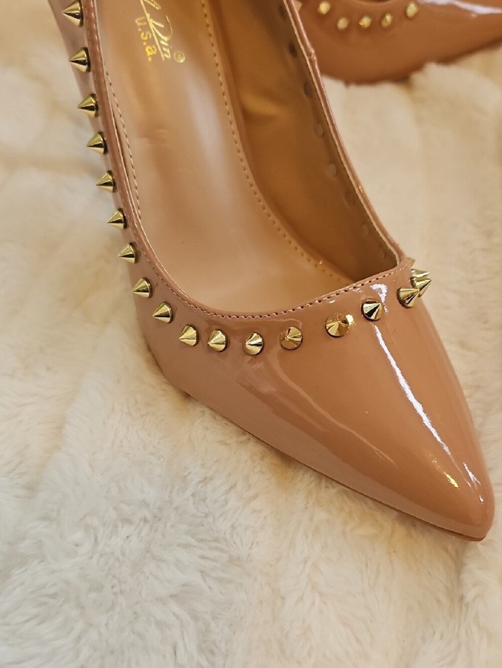 Patent Nude Studded Pointed-Toe Stiletto Pumps - Picture 3 of 9